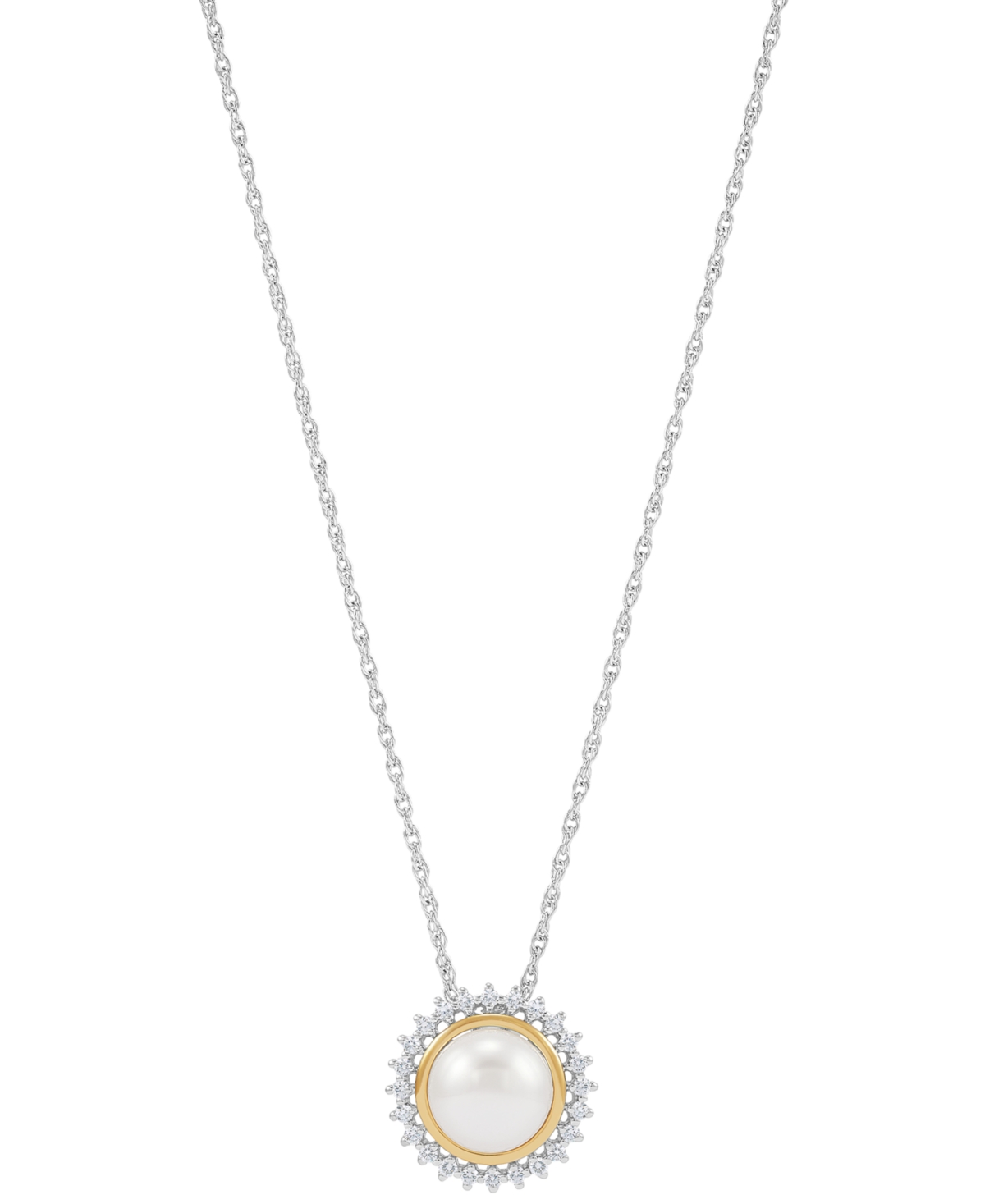 Cultured Freshwater Button Pearl (8mm) & White Topaz (1/4 ct. t.w.) Halo Pendant Necklace in Sterling Silver & 14k Gold, 16" + 2" extender - Tw