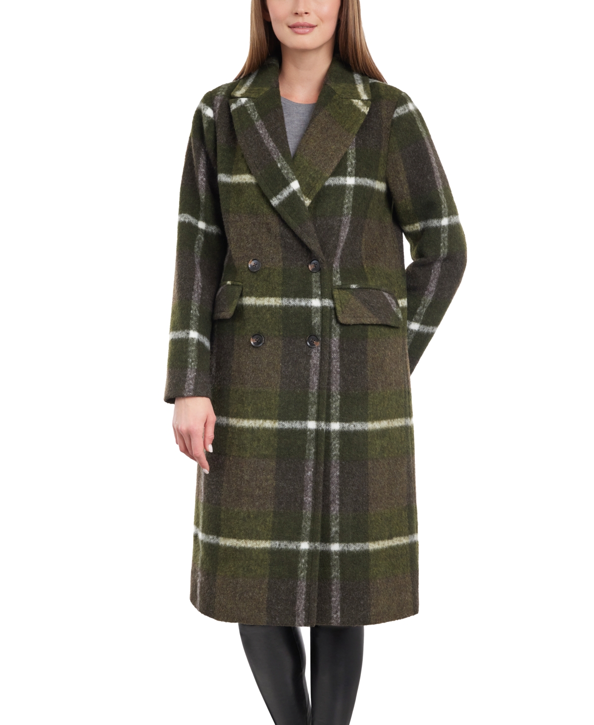 Bcbgeneration Women's Double-breasted Notch-collar Plaid Coat In Green Brown Plaid