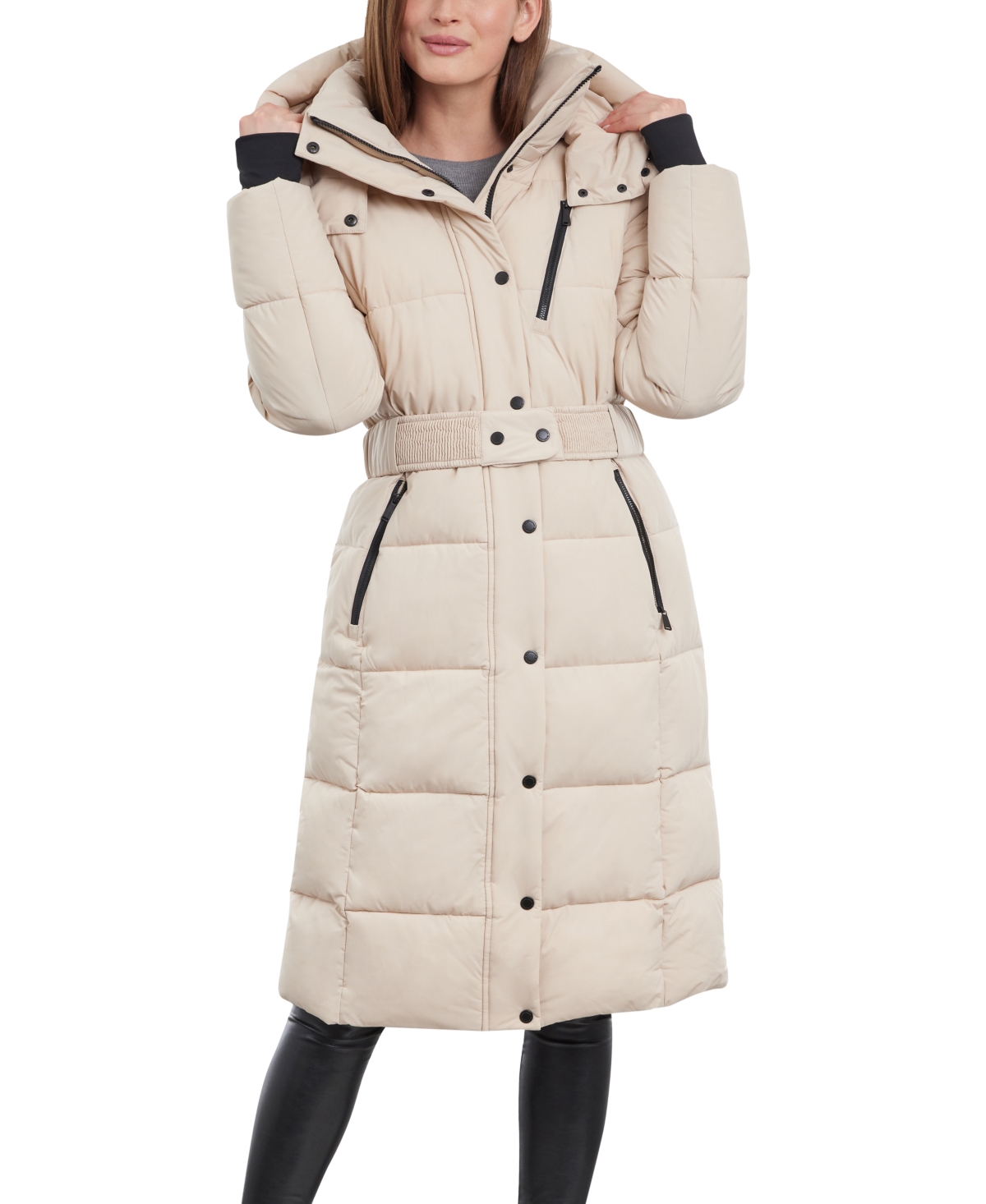 Women's Belted Hooded Puffer Coat - Putty