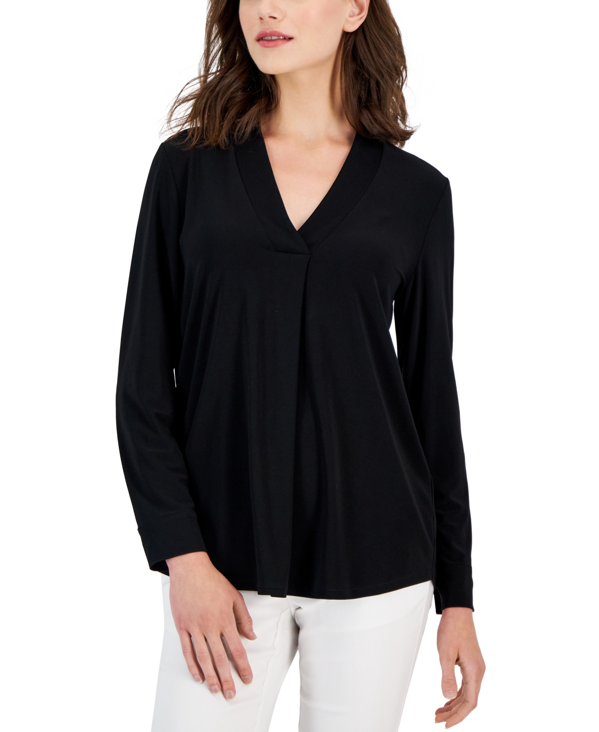 Anne Klein Women's Stretch Jersey Banded V-neck Cuffed Long-sleeve Top In Anne Black