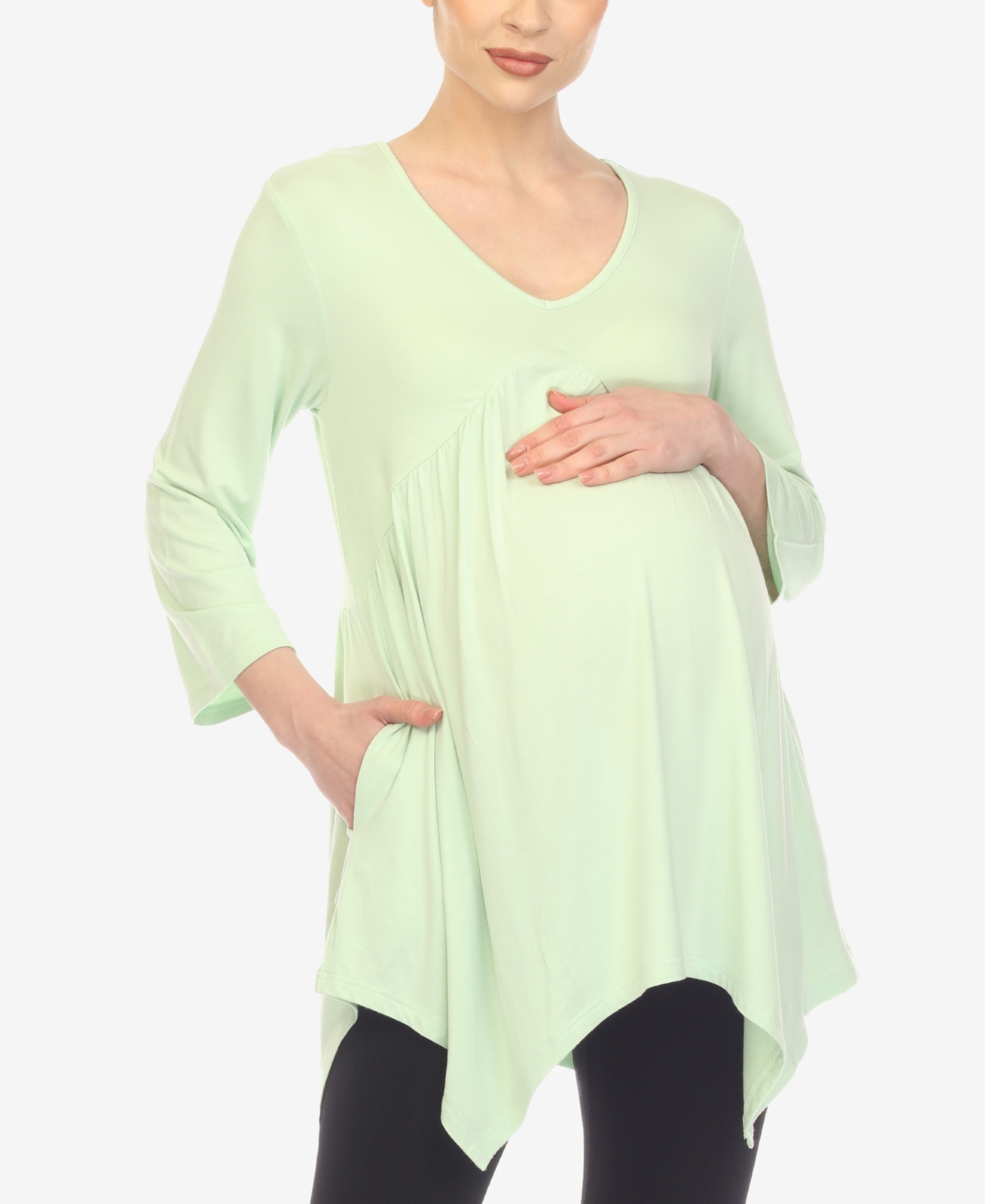 White Mark Women's Maternity Empire Waist V-neck Tunic Top In Sage