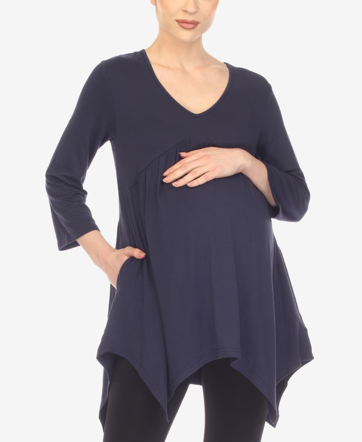 White Mark Women's Maternity Empire Waist V-neck Tunic Top In Navy