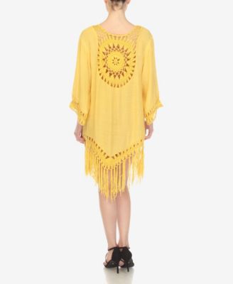 Women's Crocheted Fringed Trim 3/4 Sleeves Cover Up Dress