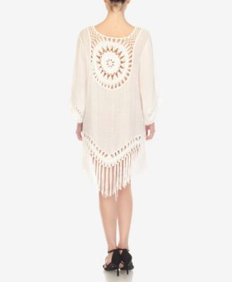 Women's Crocheted Fringed Trim 3/4 Sleeves Cover Up Dress
