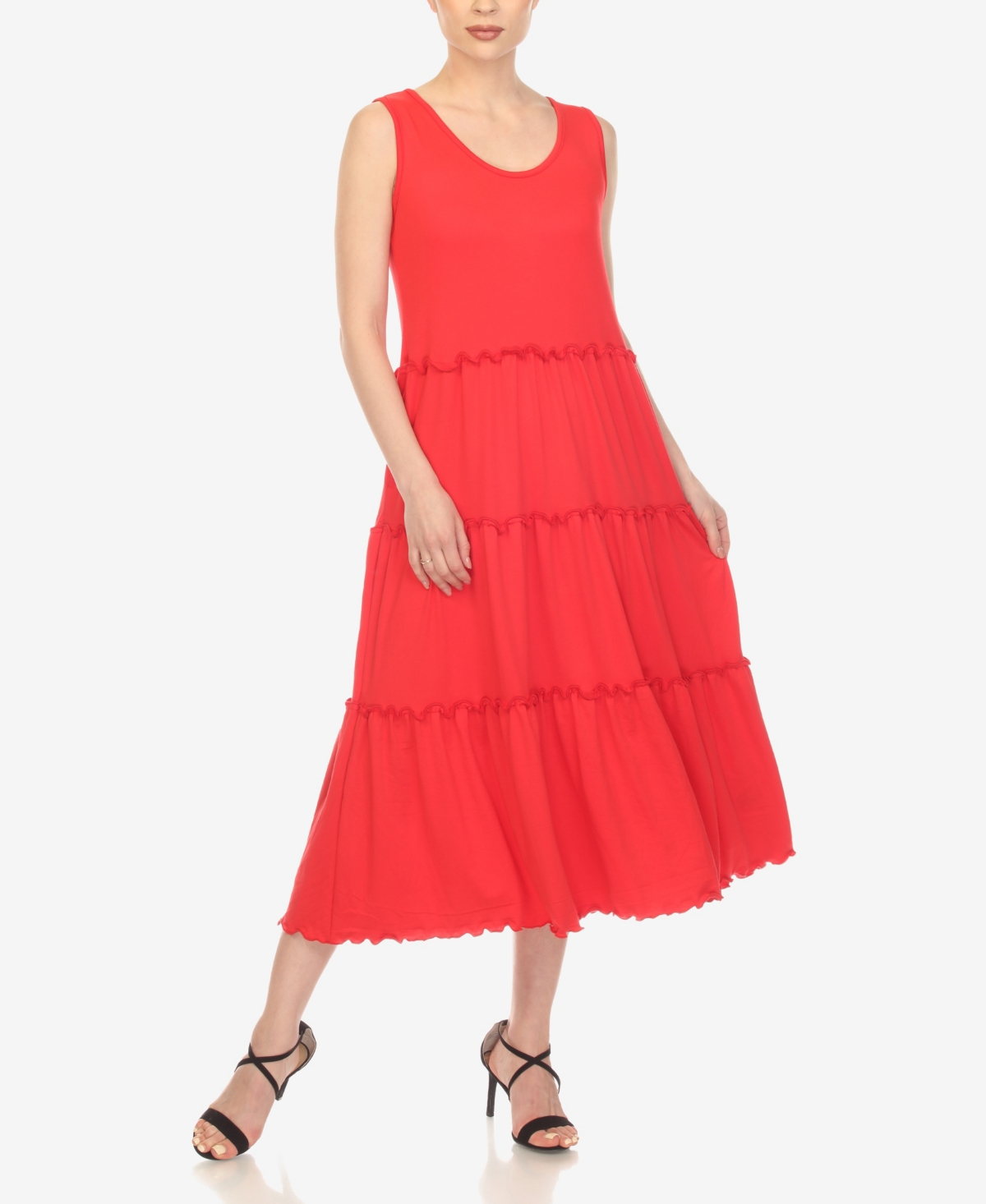 White Mark Scoop Neck Tiered Midi Dress In Ruby Red