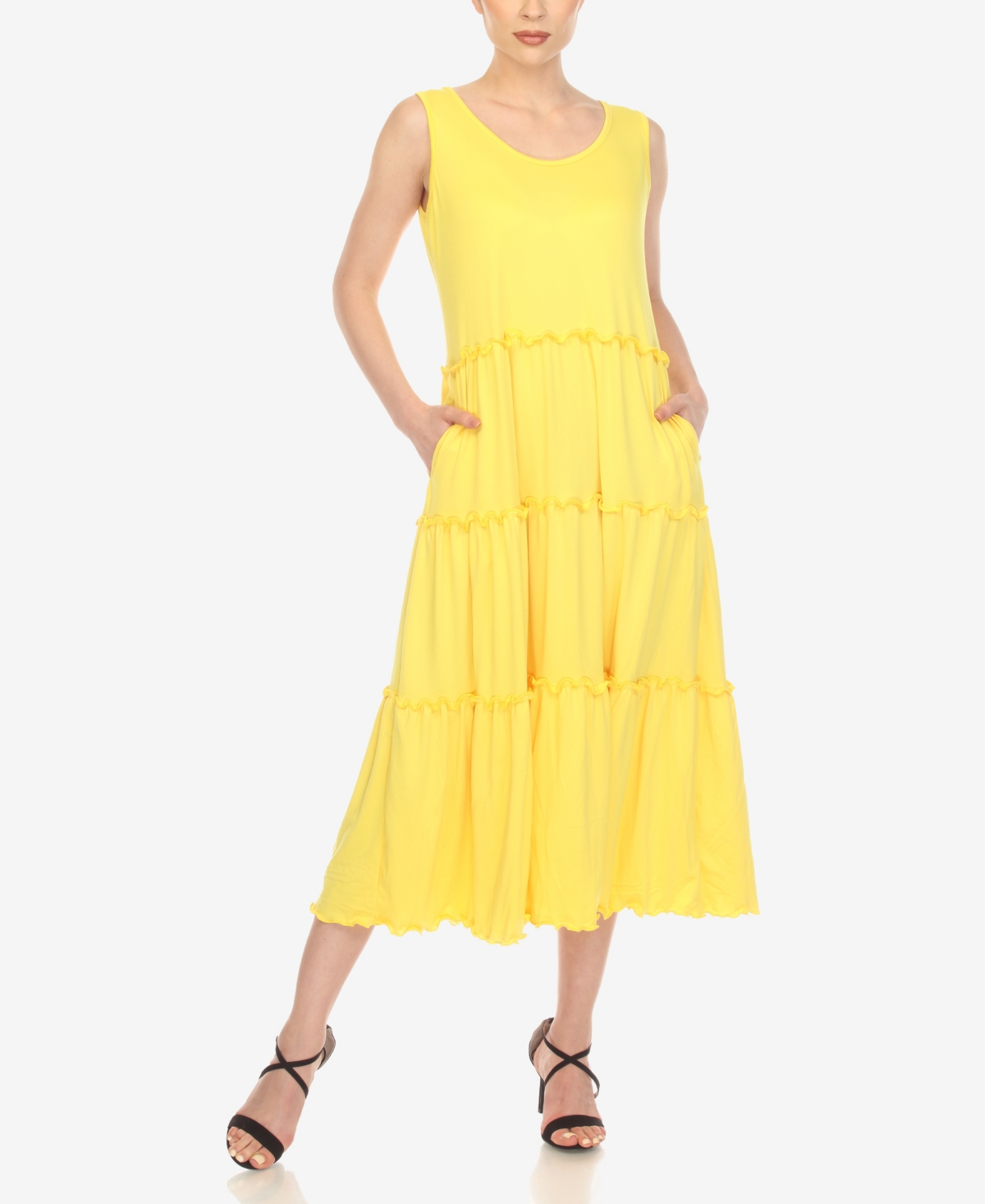 Shop White Mark Women's Scoop Neck Tiered Midi Dress In Canary Yellow
