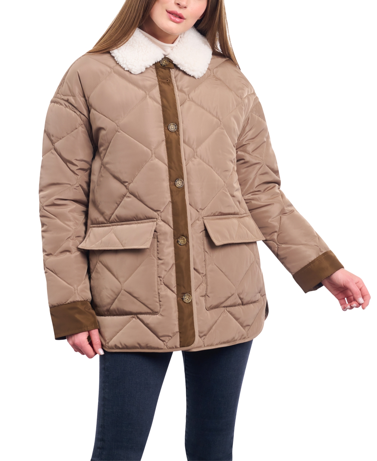 Lucky Brand Women's Quilted Faux-fur-collar Coat In Toffee  Tobacco