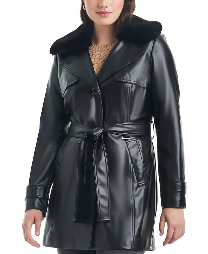 Women's Faux-Leather Belted Trench Coat