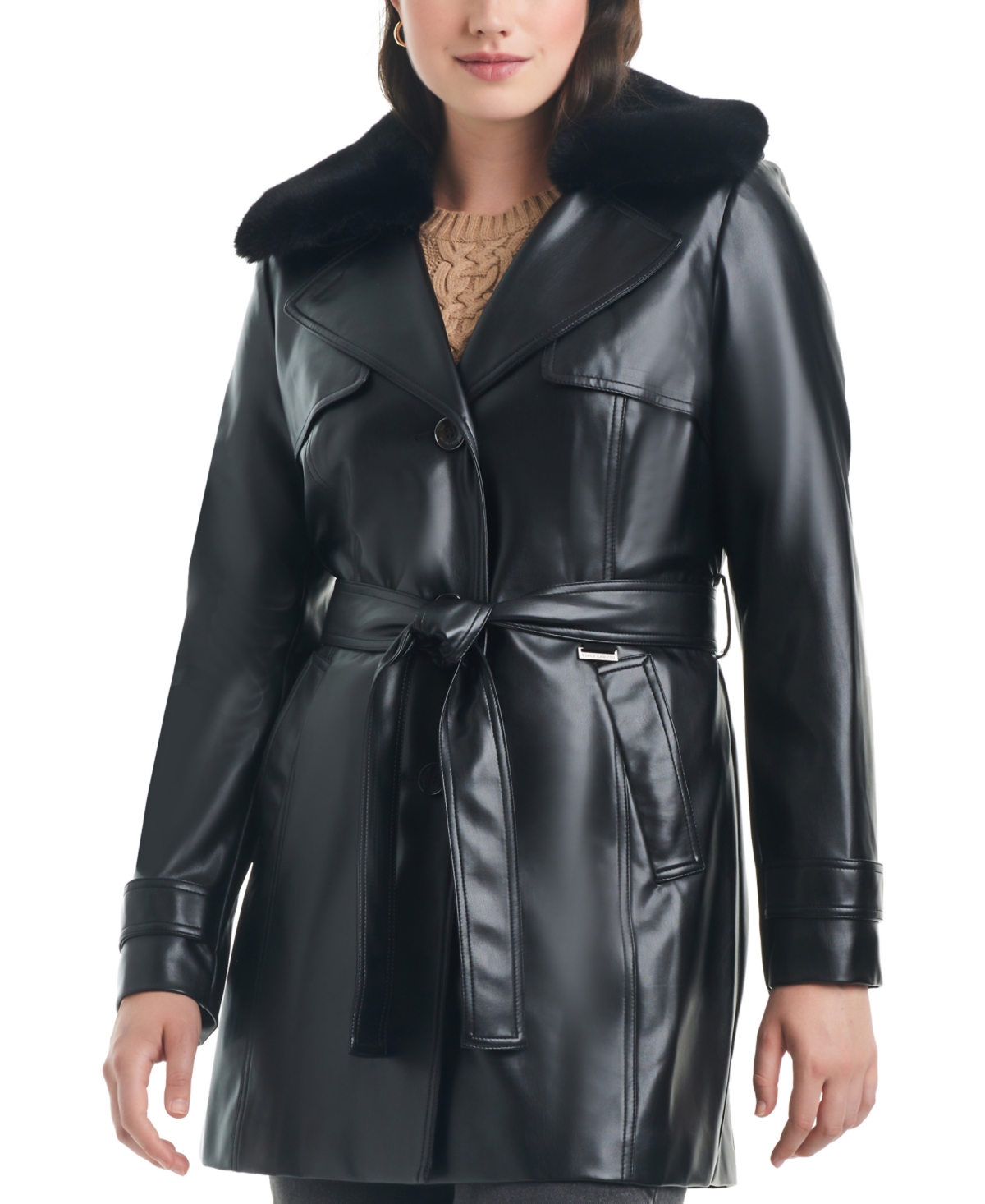 Women's Faux-Leather Belted Trench Coat - Black
