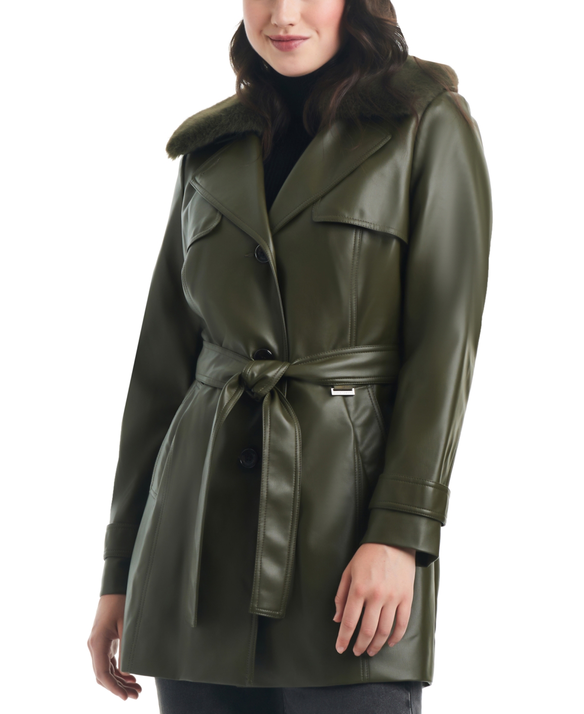 Women's Faux-Leather Belted Trench Coat - Black