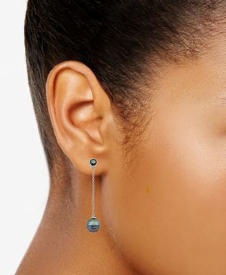 Cultured Tahitian Baroque Pearl (10mm) & Black Mother Of Pearl Chain Drop Earrings in Sterling Silver