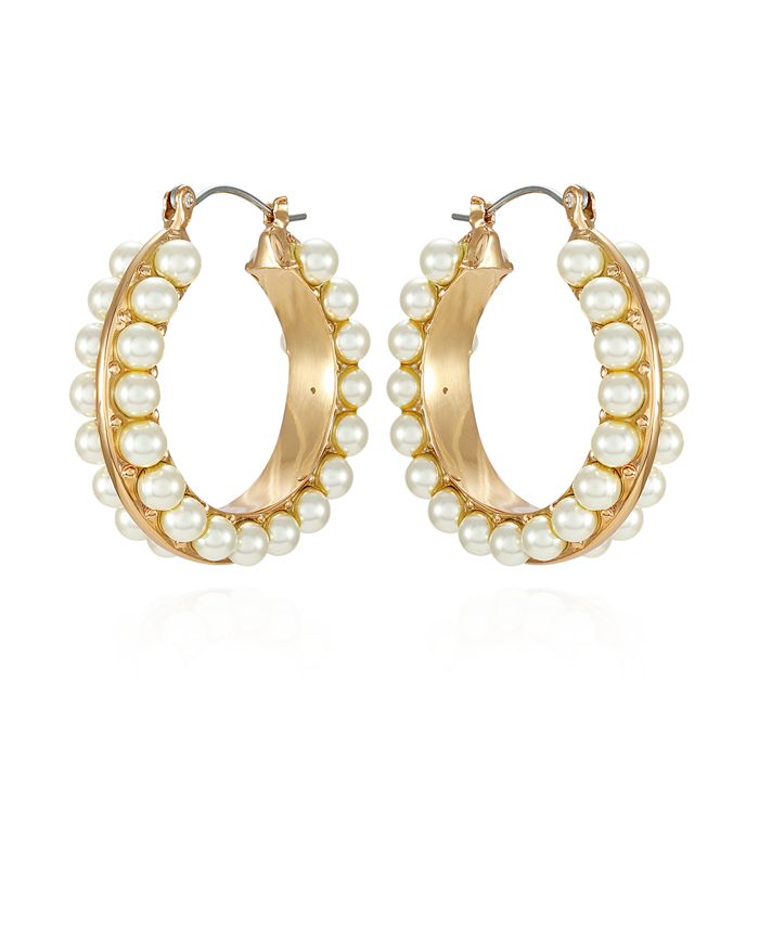 T Tahari Gold-Tone Imitation Glass Pearl Hoop Earrings - Macy's