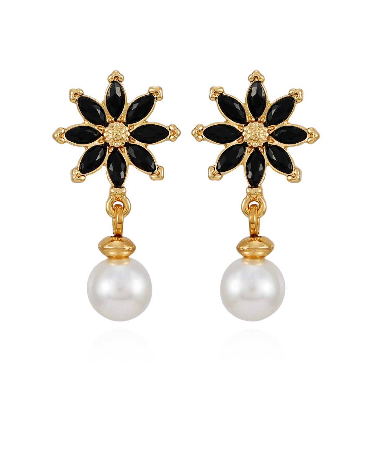 T Tahari Gold-tone Imitation Glass Pearl Flower Stud Dangle Charm Earrings