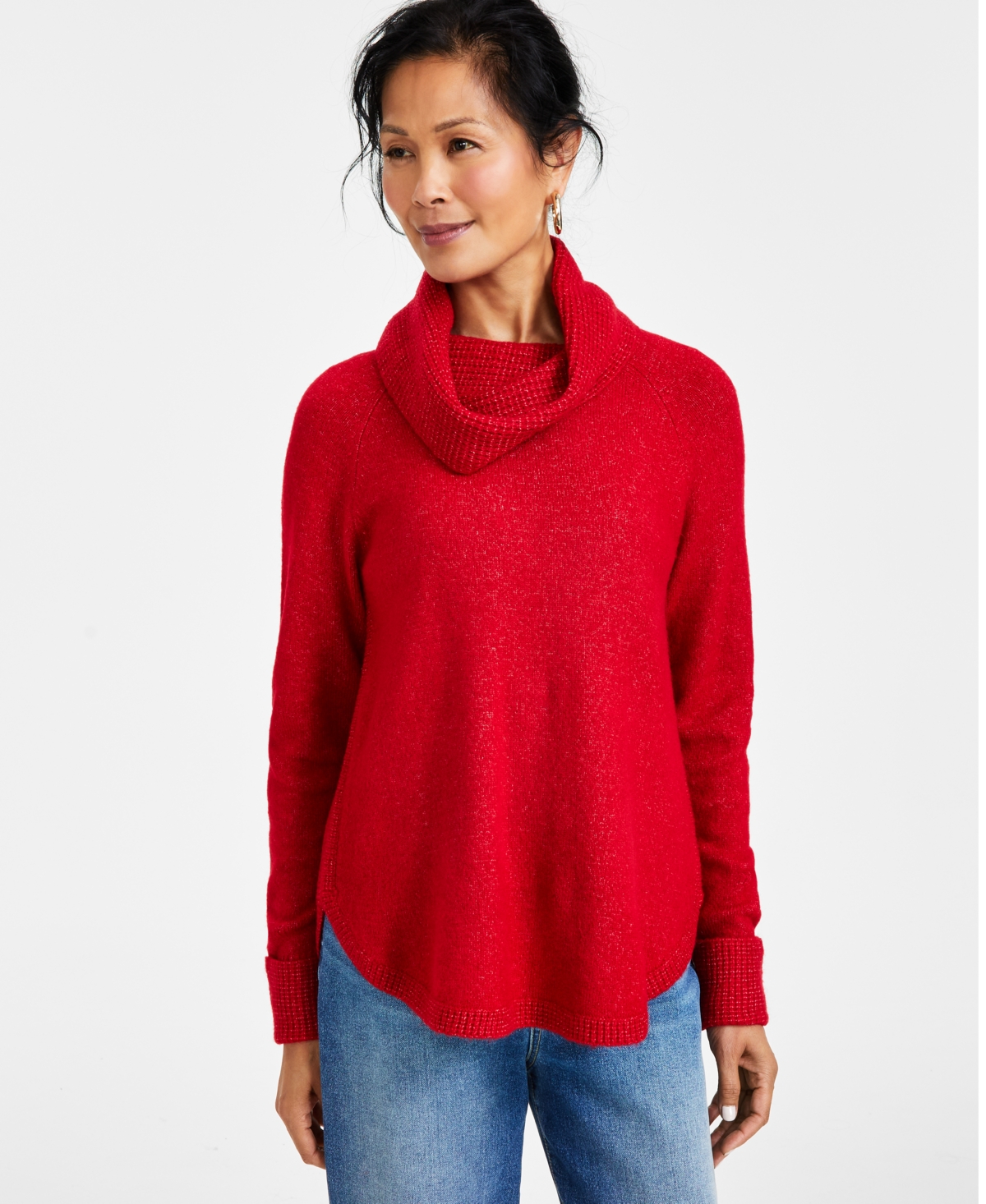 Style & Co Petite Waffle Cowlneck Sweater, Created For Macy's In Tango Red