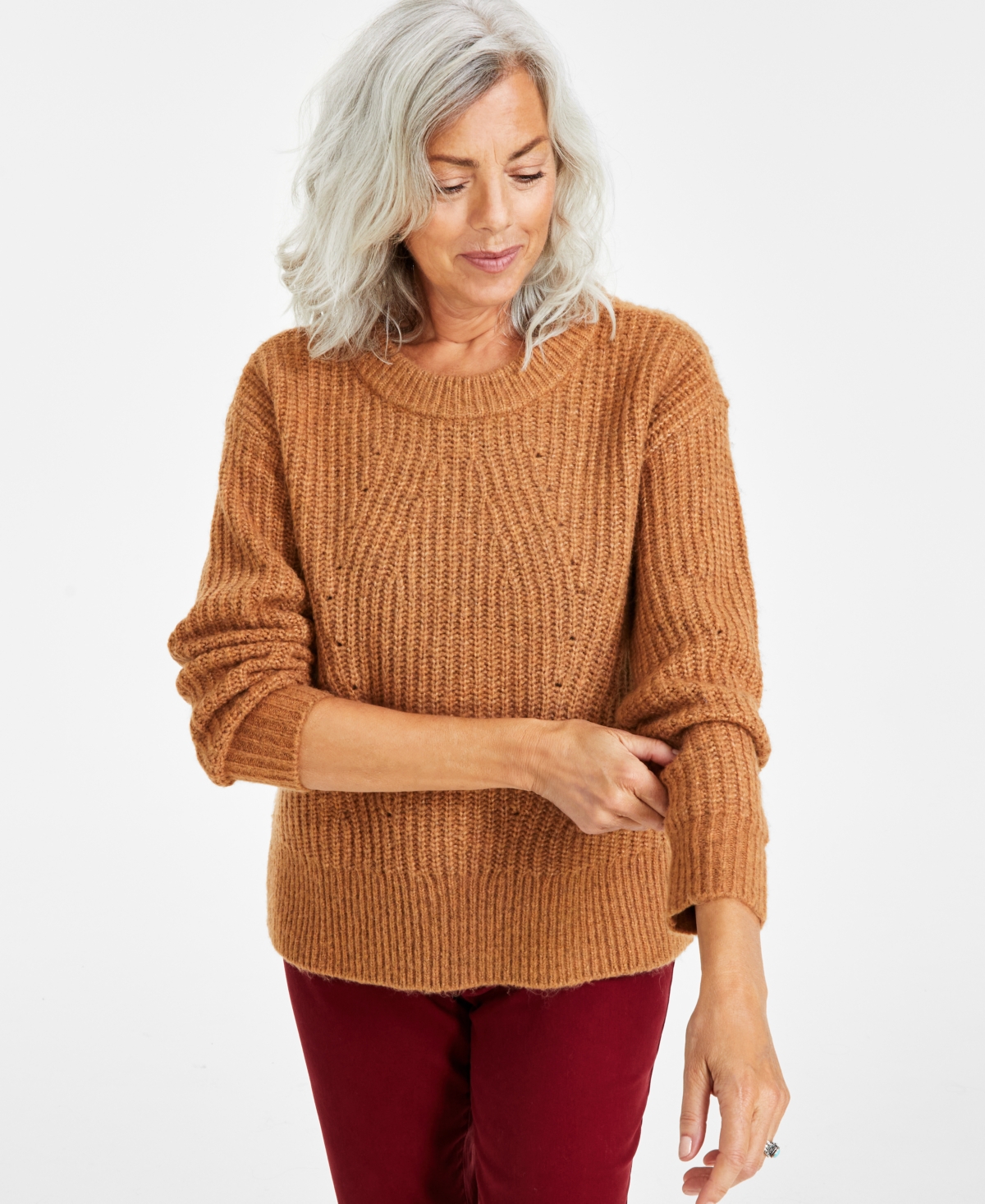 Style & Co Women's Crewneck Drop-shoulder Sweater, Created For Macy's In Camel