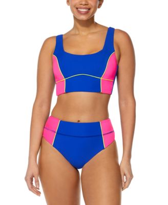 Womens Colorblocked Long Line Bralette Swim Top High Waist Bikini Bottoms