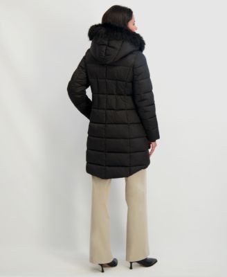Womens Velvet Bibbed Faux-Fur Hooded Puffer Coat