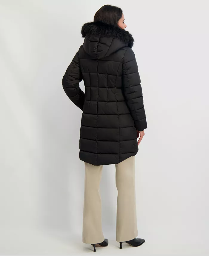 Womens Velvet Bibbed Faux-Fur Hooded Puffer Coat - thumbnail 3