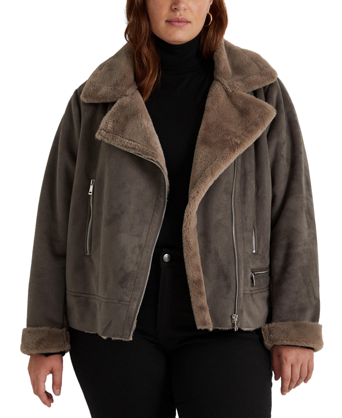 Lauren Ralph Lauren Women's Plus Size Faux-shearling Moto Jacket In Grey