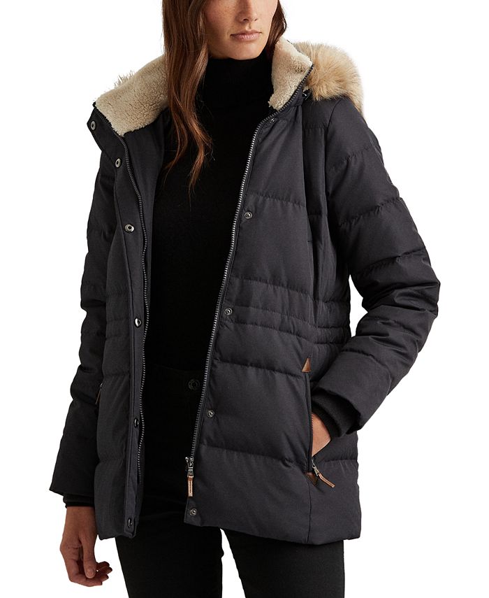 Lauren Ralph Lauren Womens Faux-Fur-Trim Hooded Puffer Coat, Created for Macys - Black