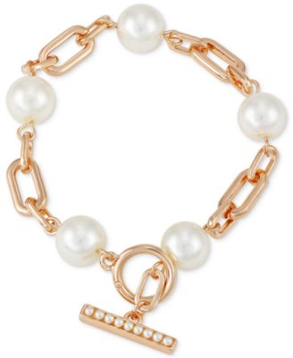 GUESS - Rose Gold-Tone Imitation Pearl & Paperclip Link Flex Bracelet