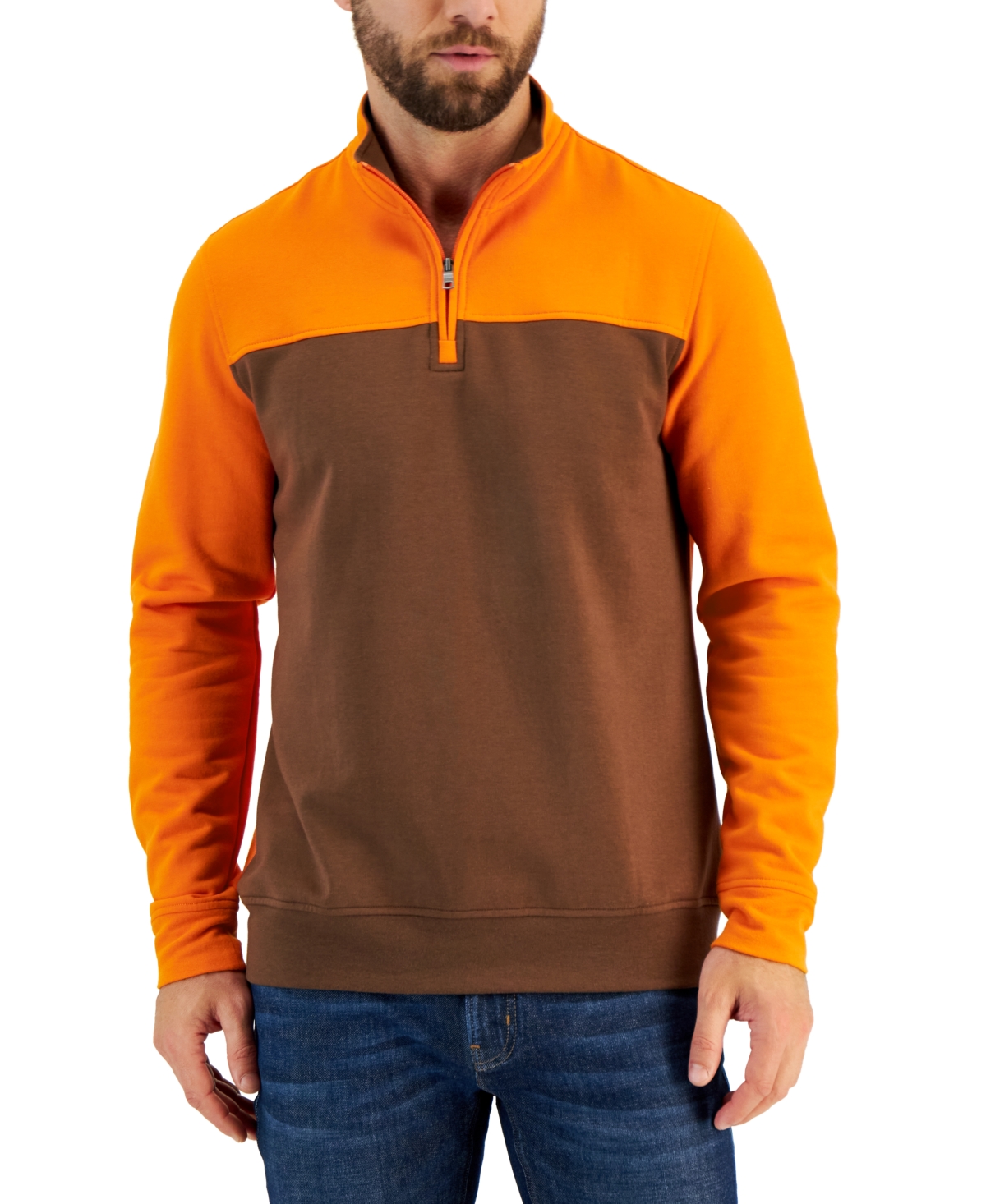 Men's Colorblocked Quarter-Zip Fleece Sweater, Created for Macy's - Campfire Orange