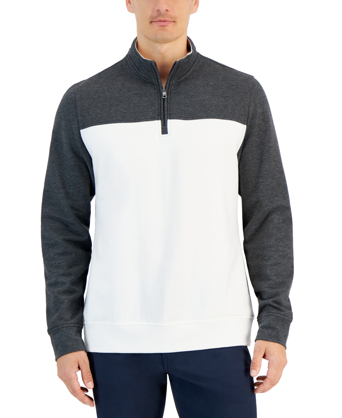 Men's Colorblocked Quarter-Zip Fleece Sweater, Created for Macy's - Dark Lead