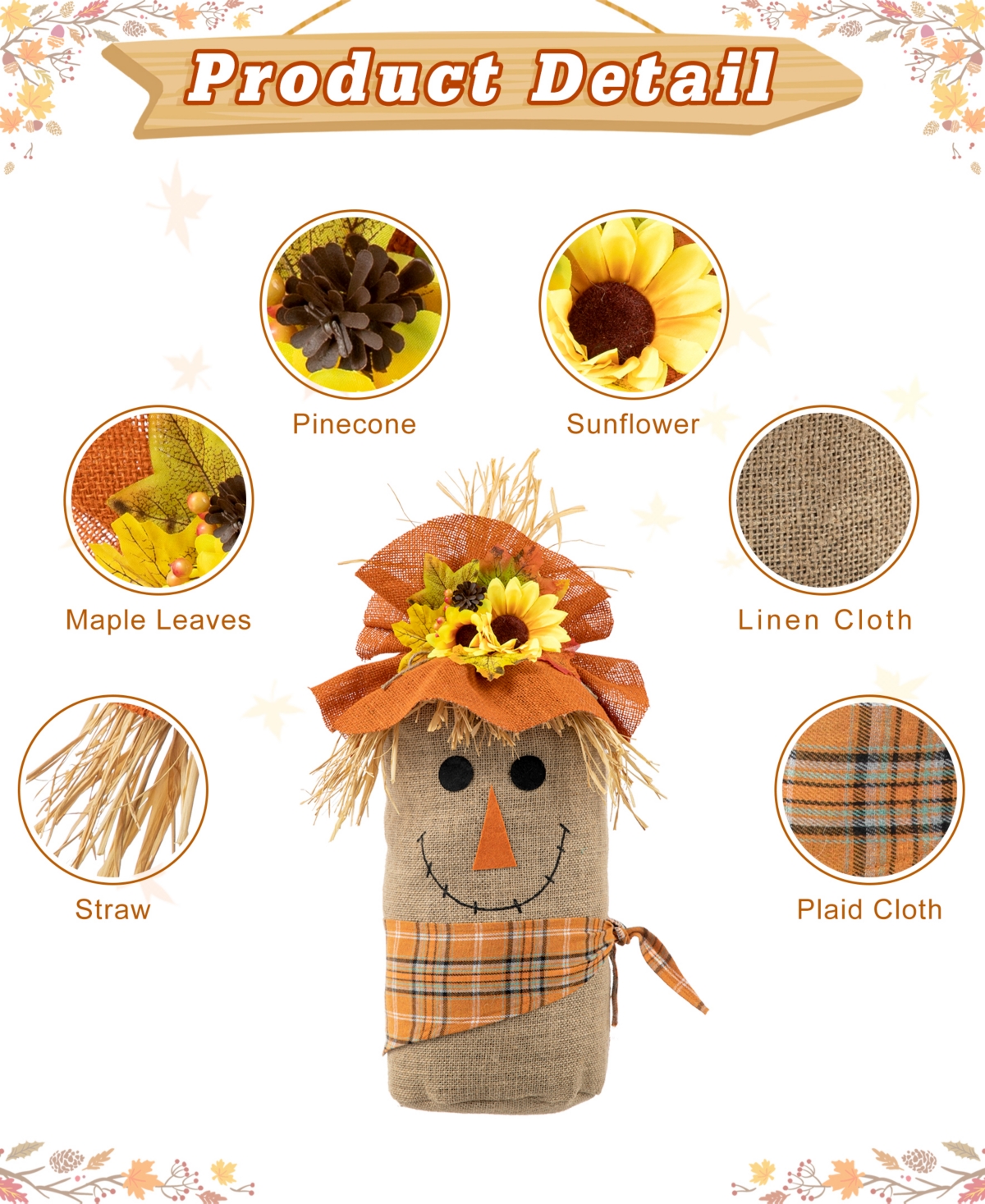 Glitzhome H Fall Linen Scarecrow Doorstop Porch Decor