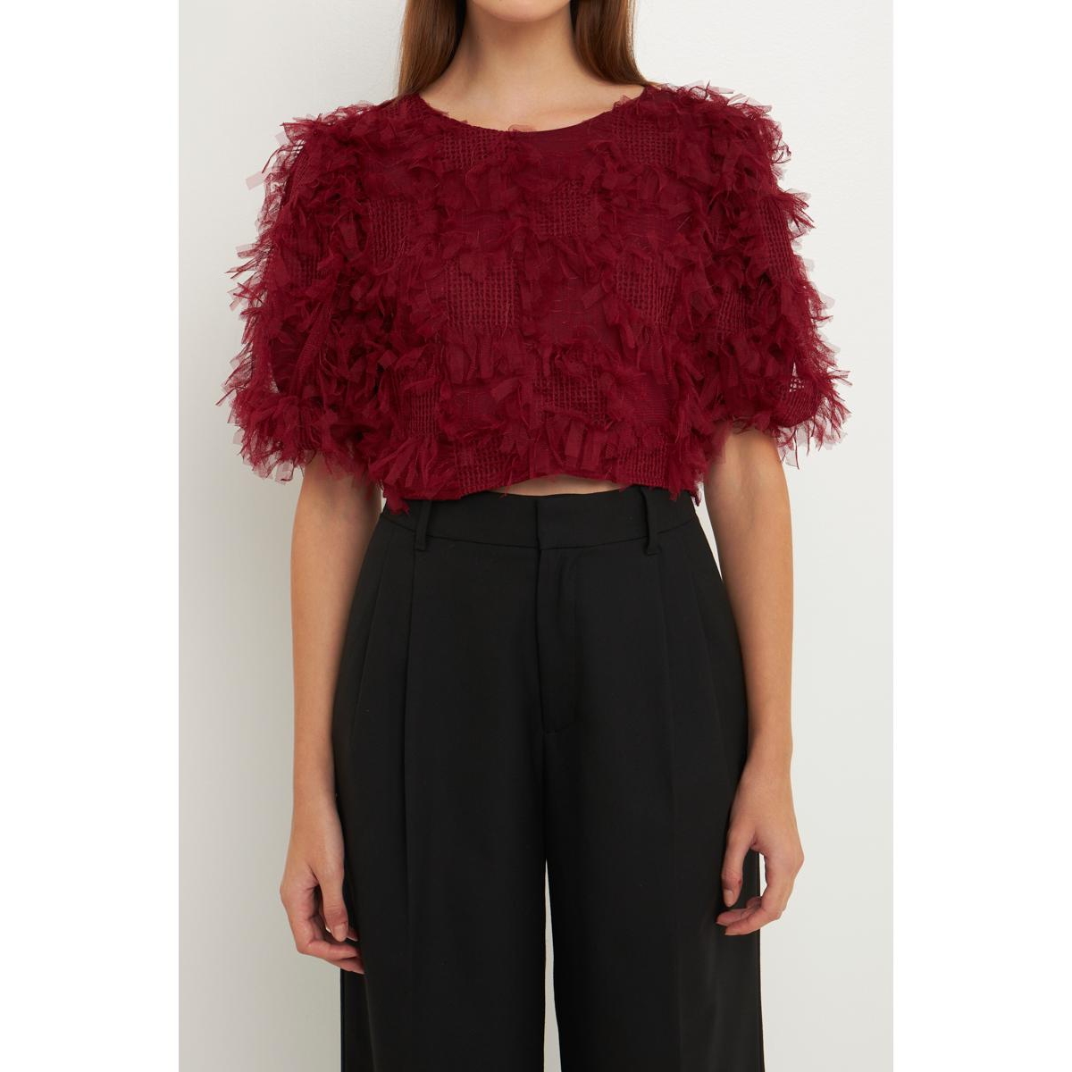 ENDLESS ROSE WOMEN'S GRIDDED MESH FEATHERED CROPPED TOP