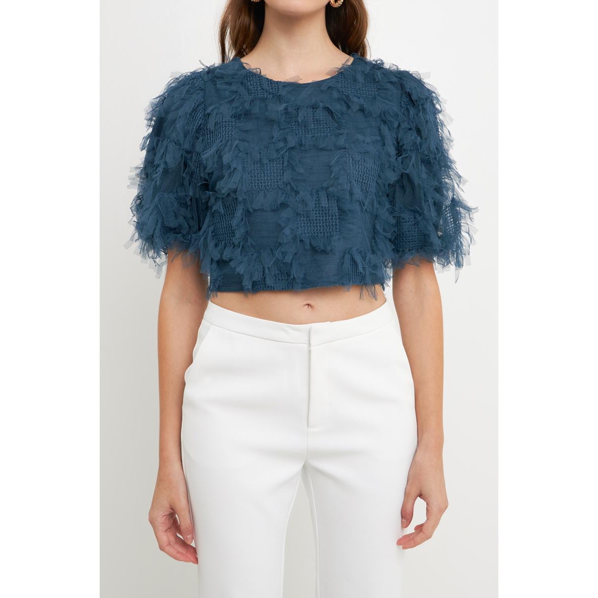 ENDLESS ROSE WOMEN'S GRIDDED MESH FEATHERED CROPPED TOP