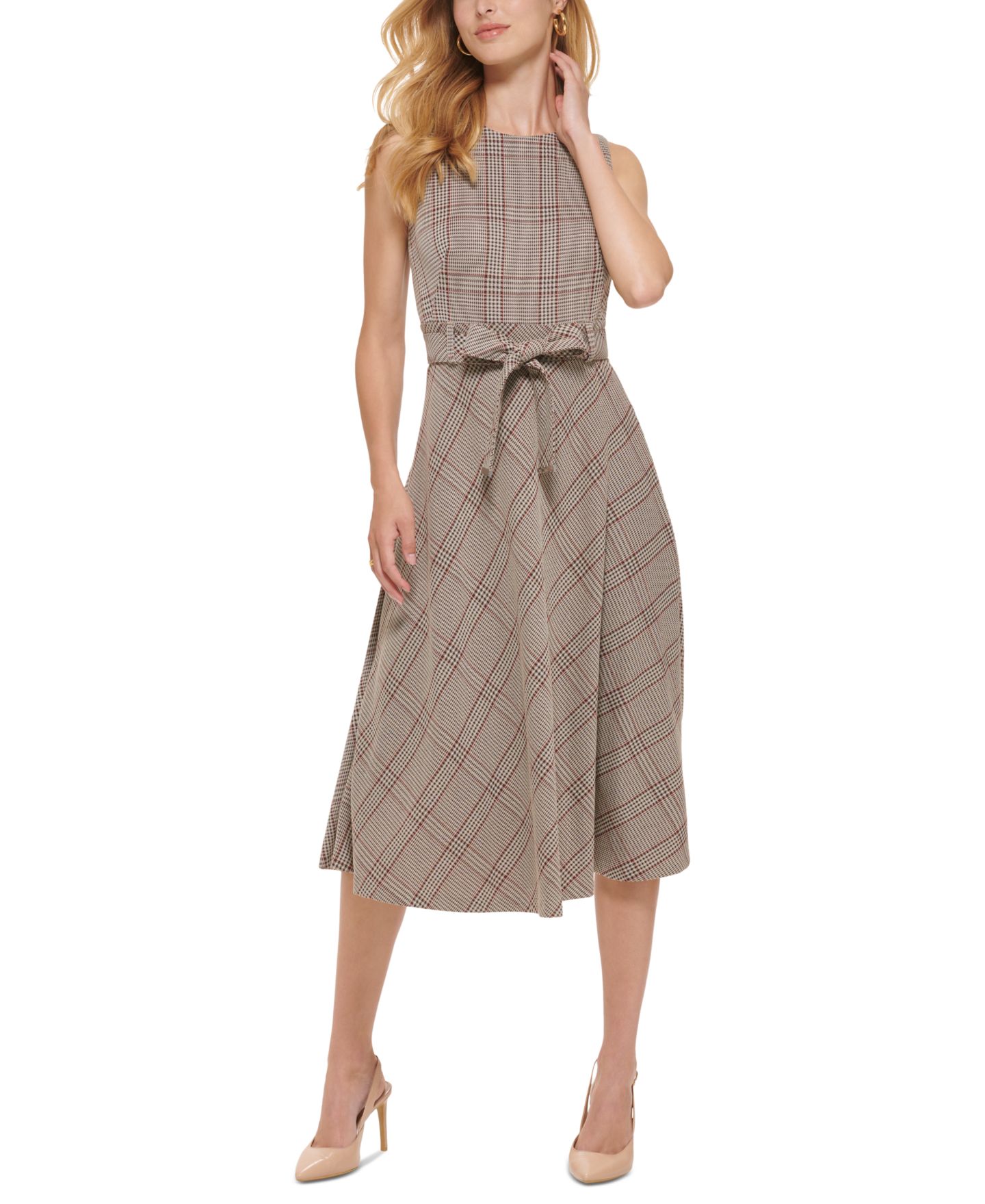 Женское платье Calvin Klein Menswear Plaid Belted Midi, цвет: Хаки / Красный разноцветный — фото 1