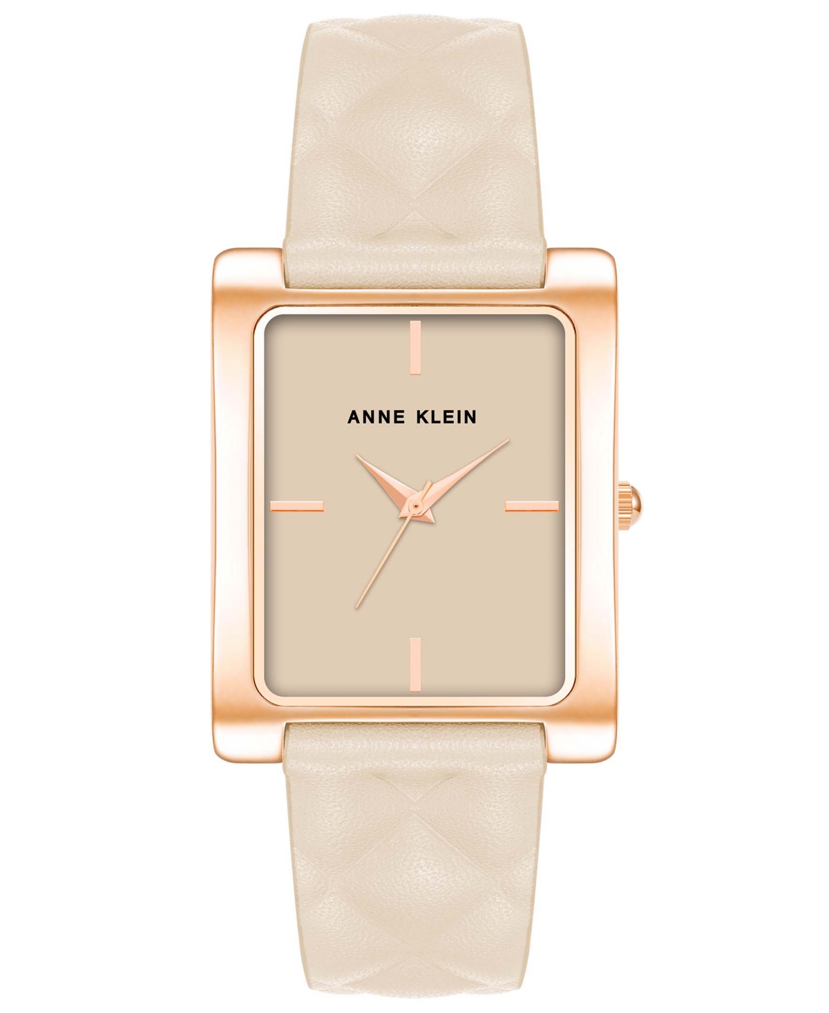 Anne Klein Women's Three Hand Quartz Rectangular Rose Gold-tone Alloy And Ivory Genuine Leather Strap Watch, 32 In Rose Gold,ivory