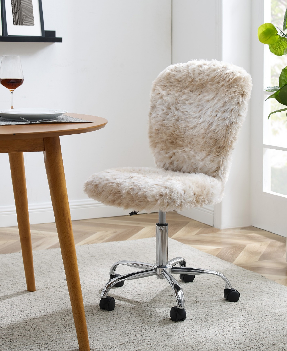 Linon Home Decor Albion Armless Swivel Office Chair In Snow Leapard Faux Fur