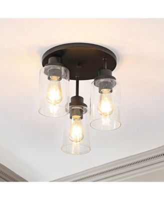 Jonah 12" 3-Light Bohemian Farmhouse Iron, Seeded Glass LED Semi Flush Mount