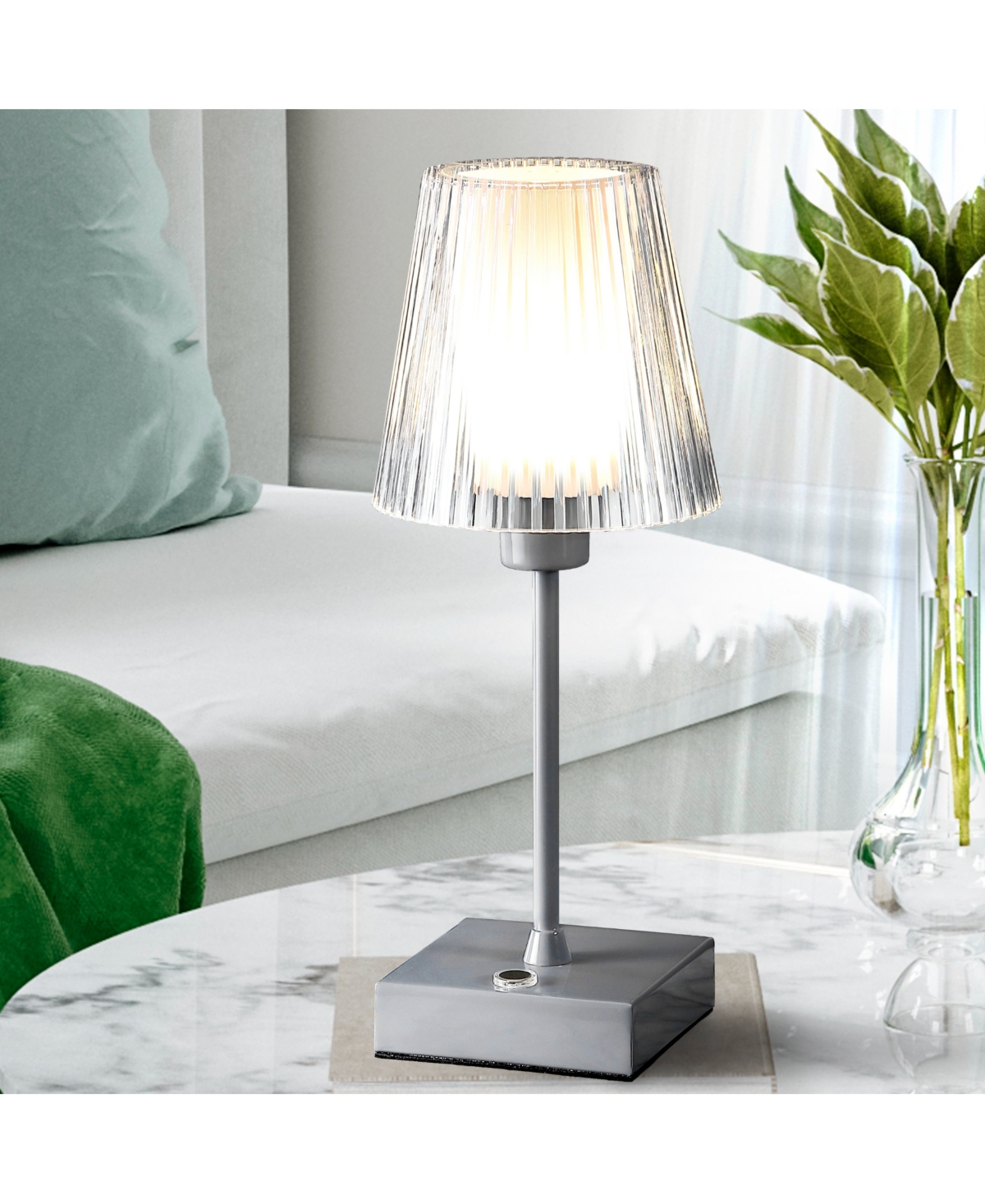 Oscar Modern Industrial Rechargeable, Cordless Iron, Acrylic Integrated Led Table Lamp with Ribbed Shade
