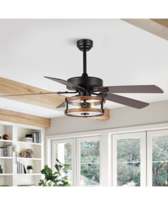 Joanna 52" 2-Light Rustic Industrial Iron, Wood, Seeded Glass Mobile-App, Remote-Controlled LED Ceiling Fan