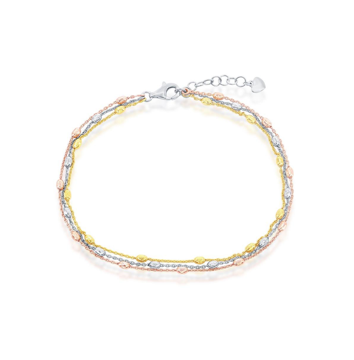 Sterling Silver Triple Strand Oval Diamond-Cut Beaded Anklet - Tri Color - Silver