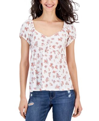 Hippie Rose - Juniors' Printed Puff-Sleeve Babydoll Top