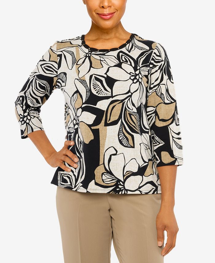 Alfred Dunner Petites Botanical Overlay Top – Floral Poncho With Necklace Detail - View #3