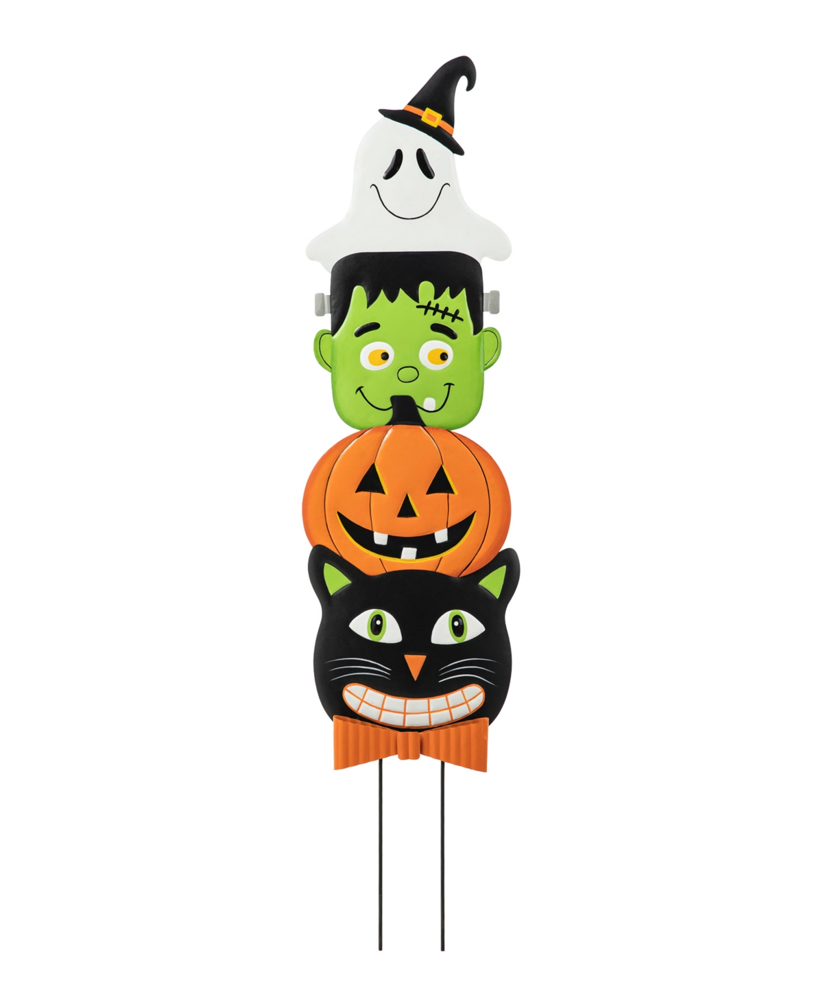 42.5" H Halloween Metal Stacked Ghost, Frankenstein, Black Cat Pumpkin Yard Stake or Hanging Decor - Multi
