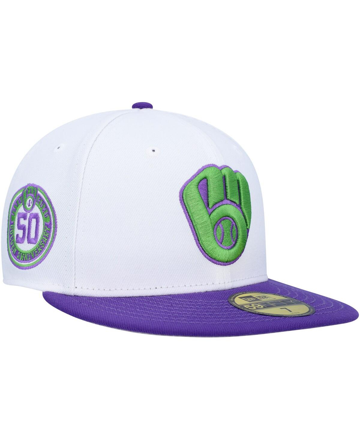 NEW ERA MEN'S NEW ERA WHITE MILWAUKEE BREWERS 50TH ANNIVERSARY SIDE PATCH 59FIFTY FITTED HAT 