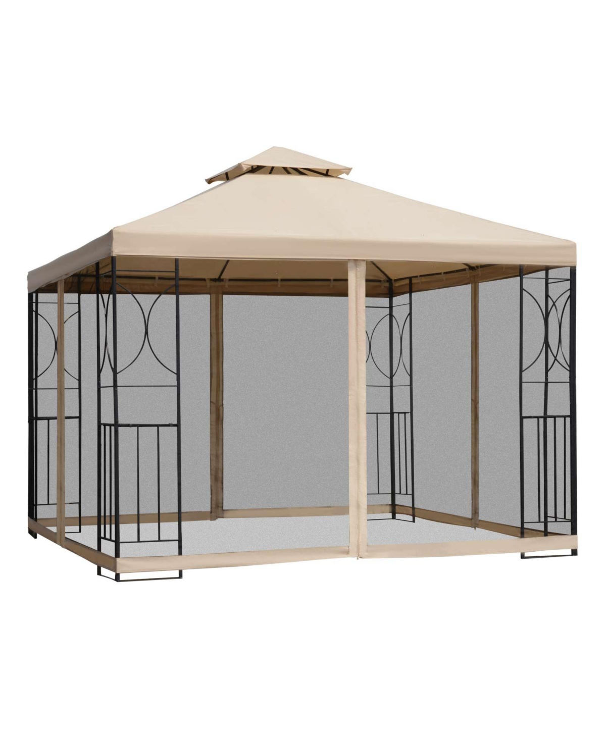 10' x 10 Steel Outdoor Patio Gazebo Canopy with Privacy Mesh Curtains, Weather-Resistant Roof, & Storage Trays - Beige/Khaki