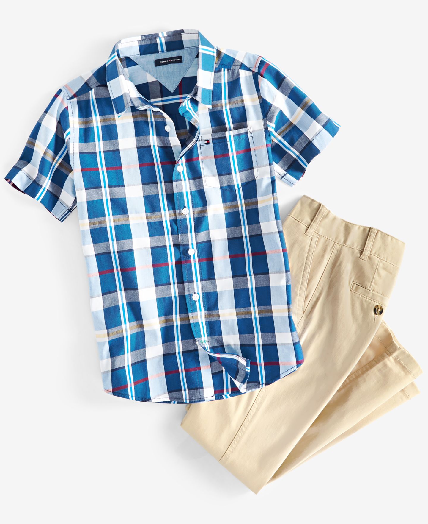 Брюки Tommy Hilfiger Campus Plaid Shirt & Flat-Front Stretch Chino Pants для мальчиков, цвет: Золотой хаки — фото 3