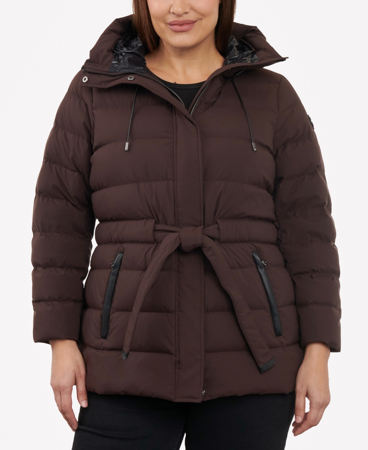 Michael Kors Michael  Women's Plus Size Belted Packable Puffer Coat In Chocolate