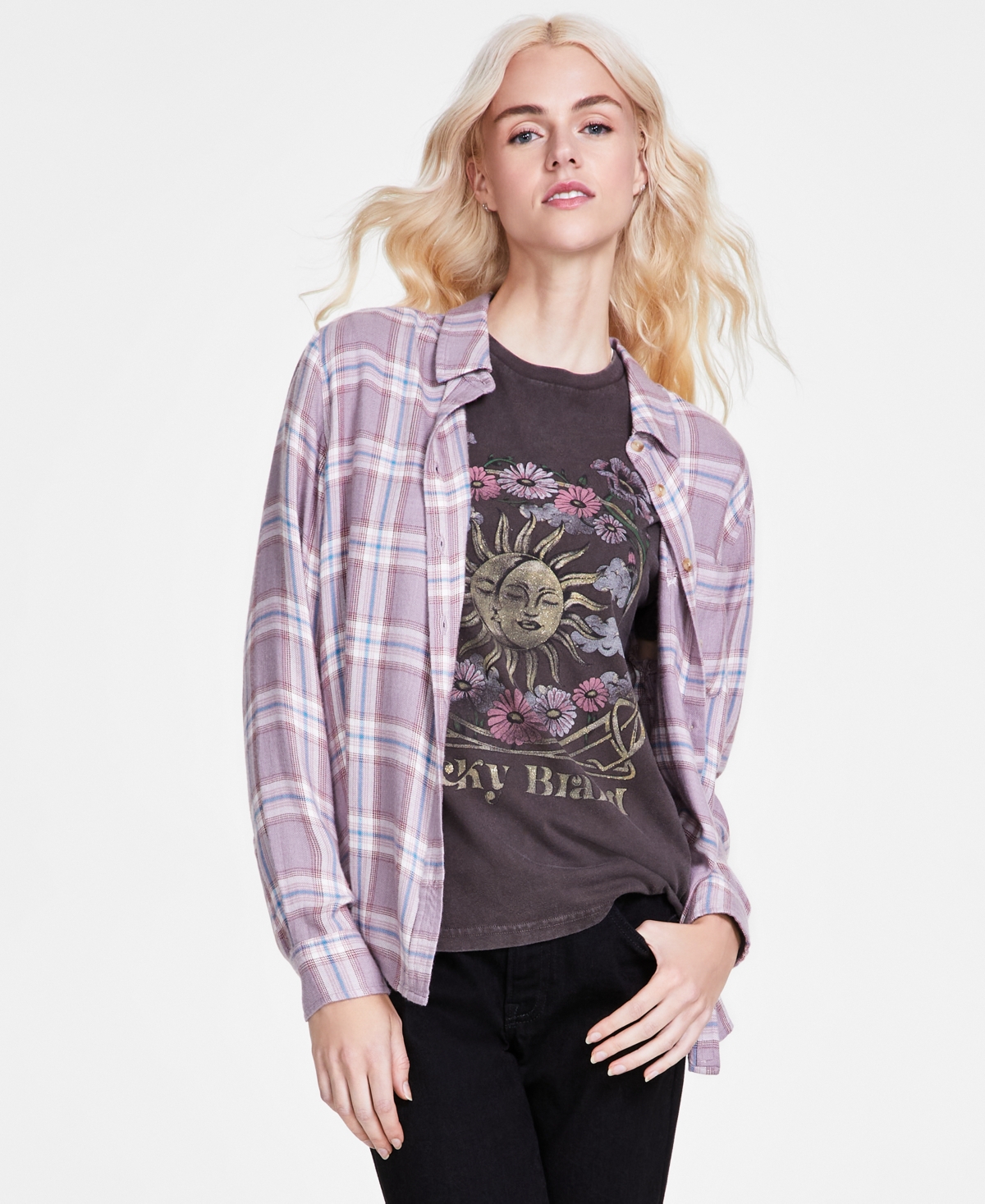 Lucky Brand Womens Cloud Plaid Boyfriend Shirt Celestial Frame T Shirt Mid  Rise Sweet Straight Leg Jeans In Nirvana Plaid