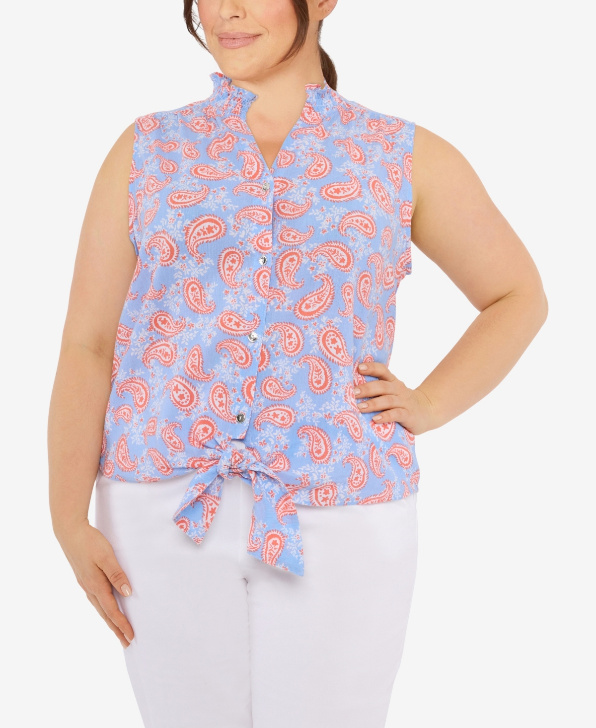 Hearts Of Palm Plus Size Pretty In Paisley Printed Crinkle Gauze Sleeveless Top In Medium Blue Multi