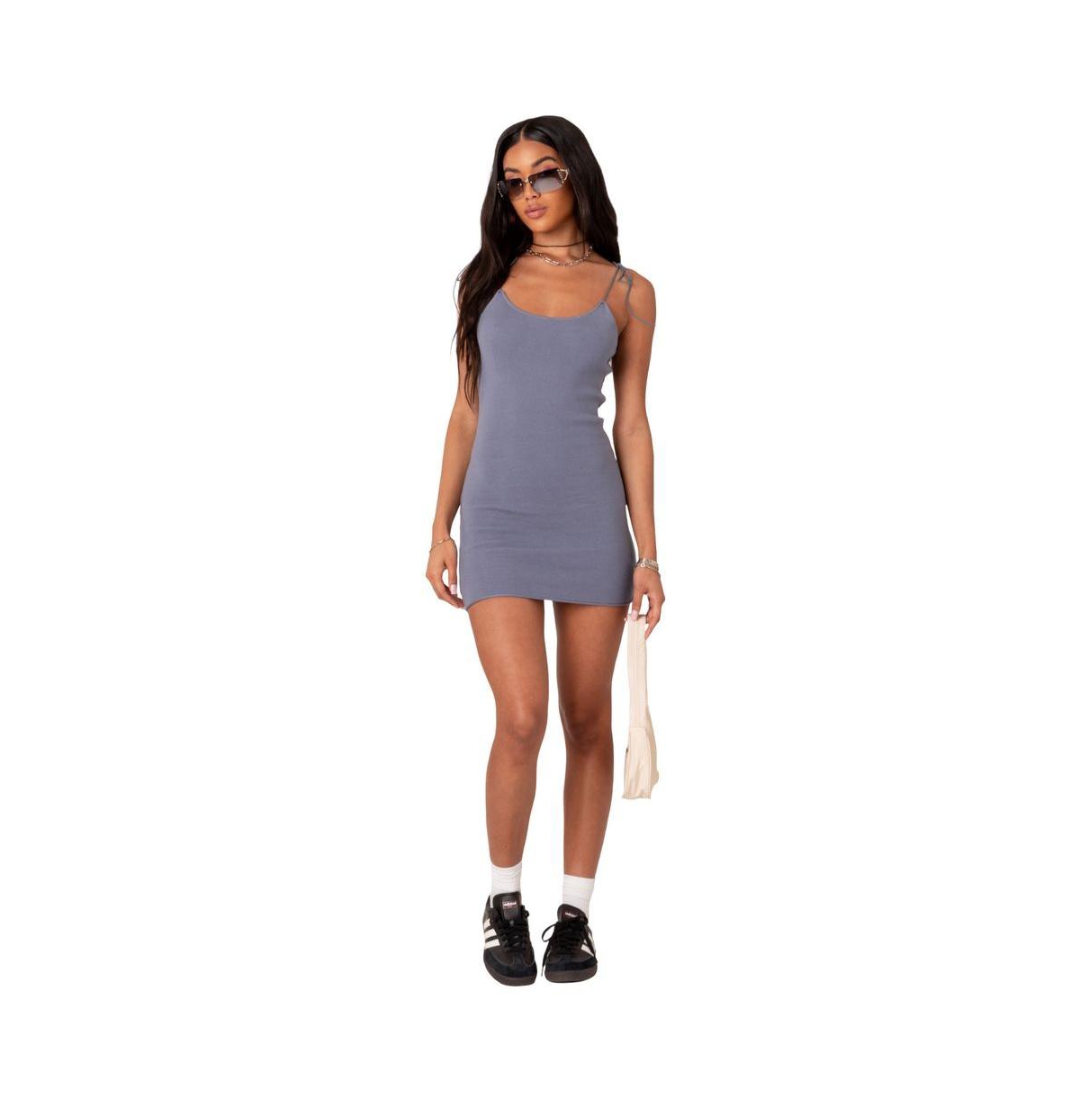 EDIKTED WOMEN'S MINI KNITTED DRESS WITH TIE UP SHOULDER STRAPS
