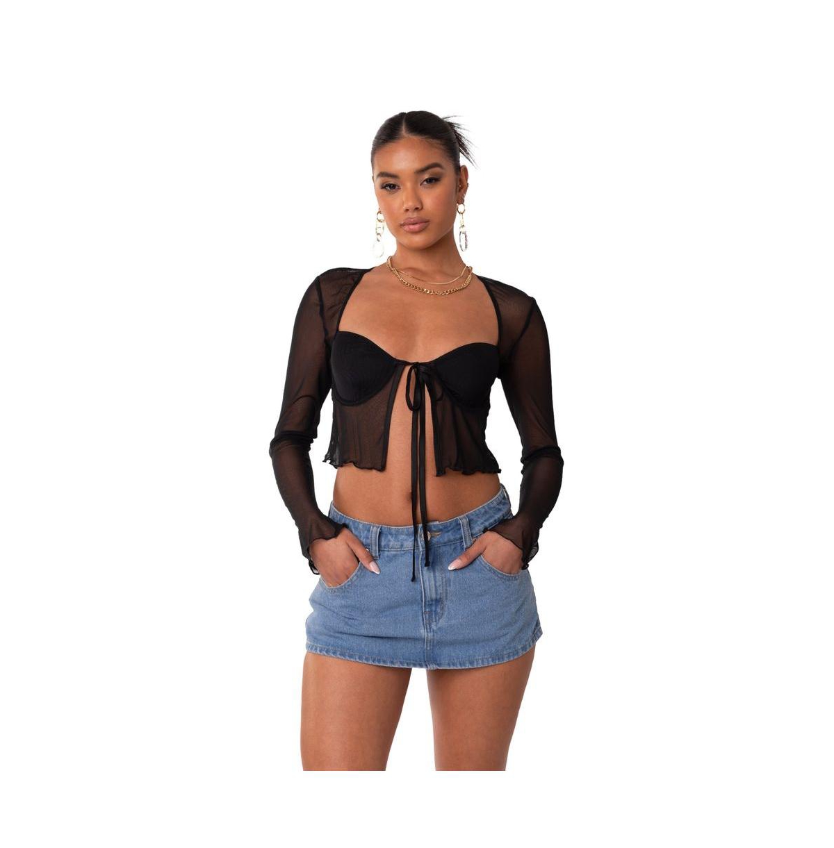 Women's Long Sleeve Mesh Top With Cups & Tie At Front - Black