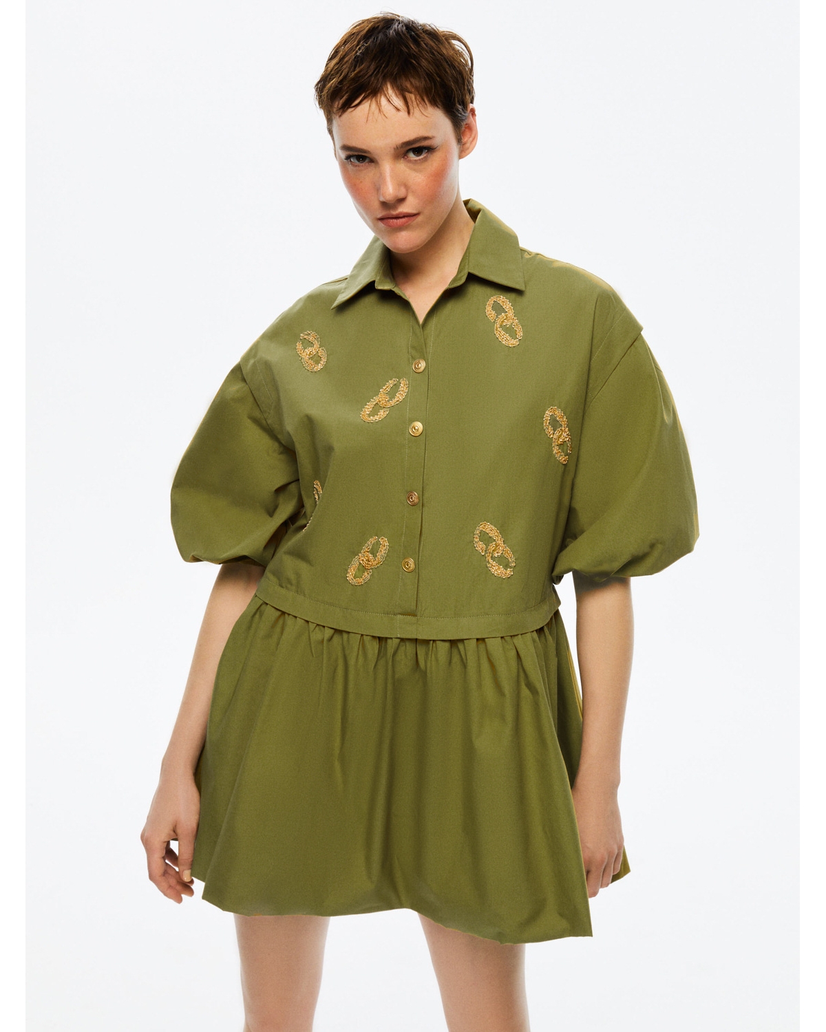 Nocturne Embroidered Balloon Sleeve Dress In Khaki