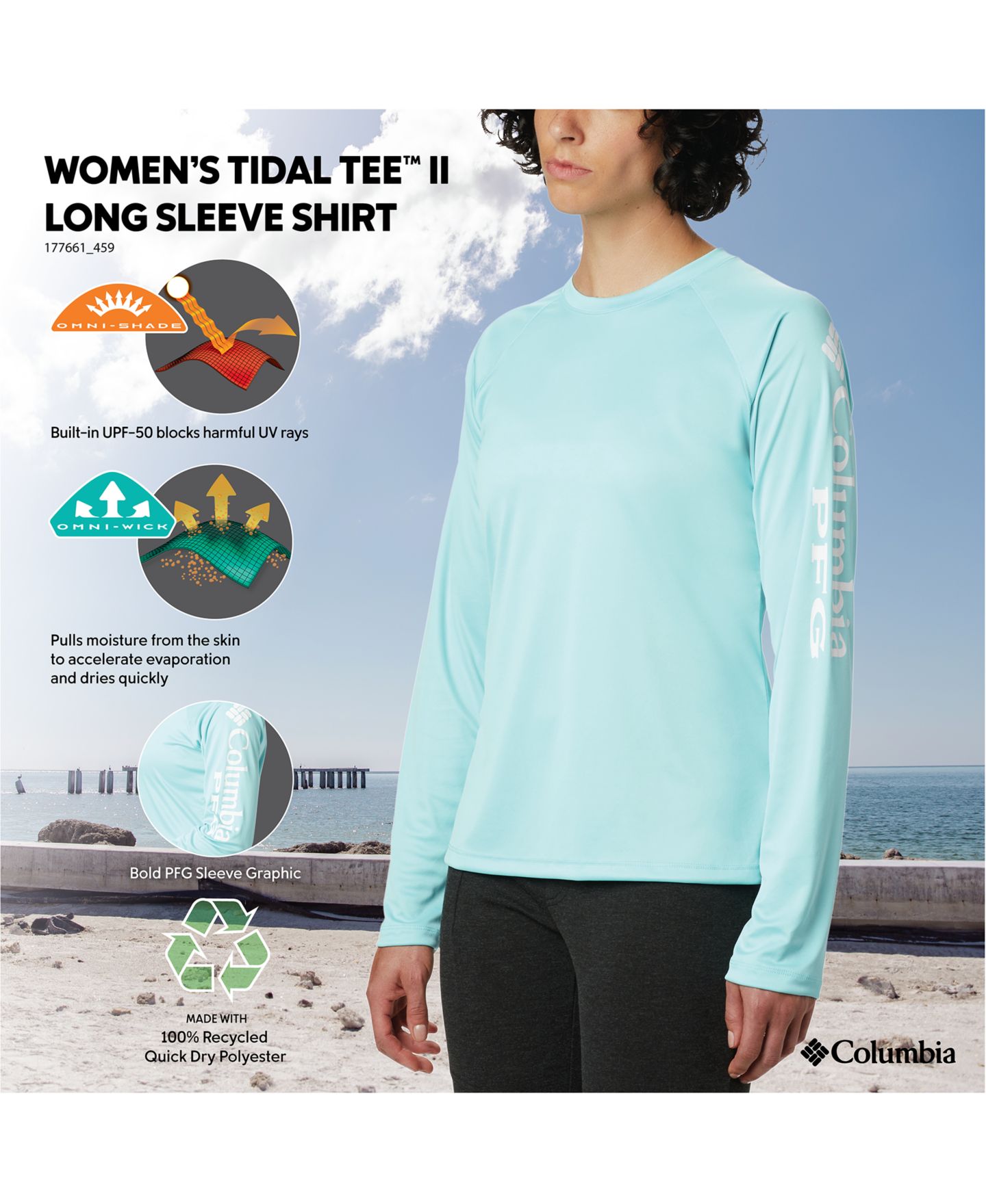 Женская футболка Columbia PFG Tidal Tee II Omni-Shade™ T-Shirt, цвет: Прозрачный синий — фото 2